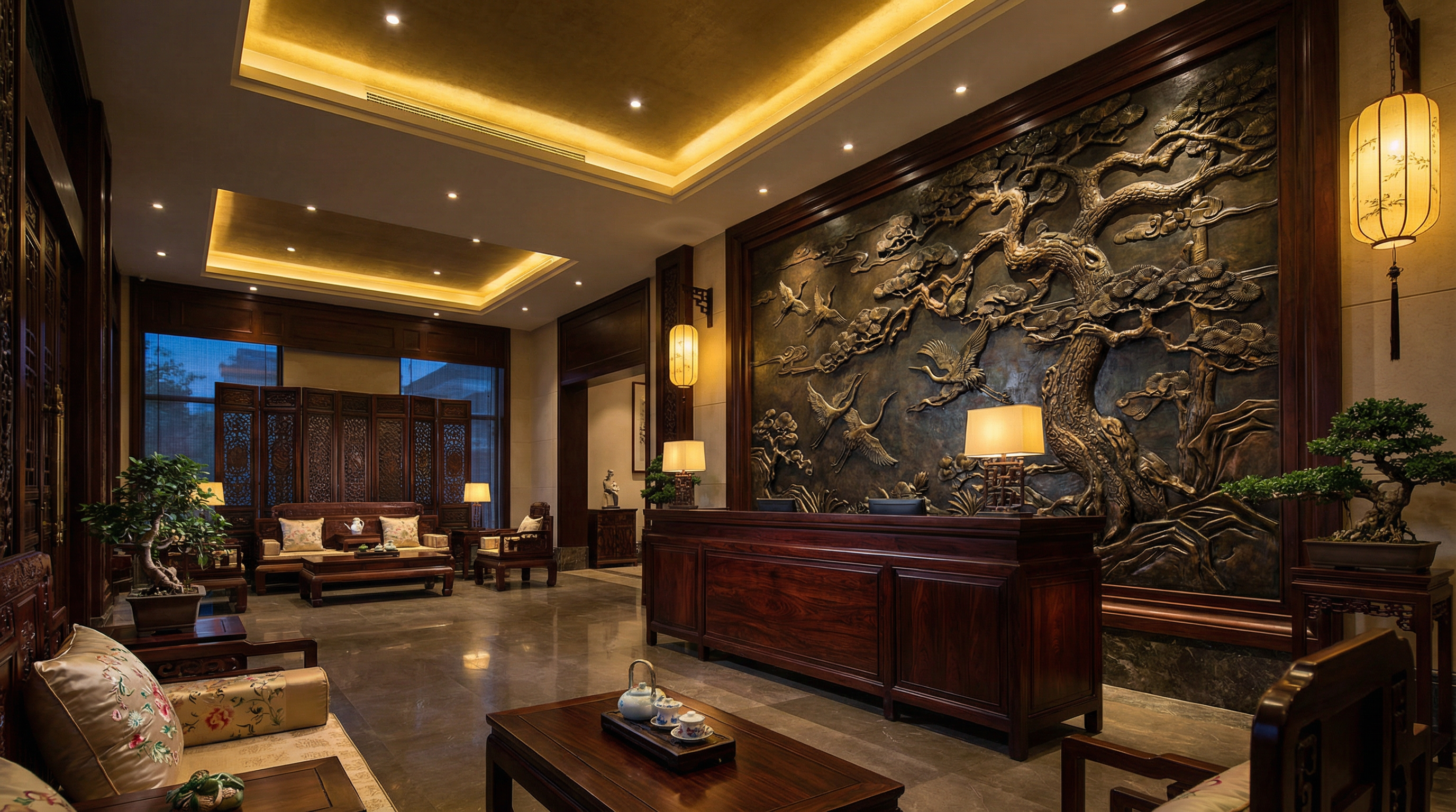 东营精品酒店大堂木雕装饰工程案例