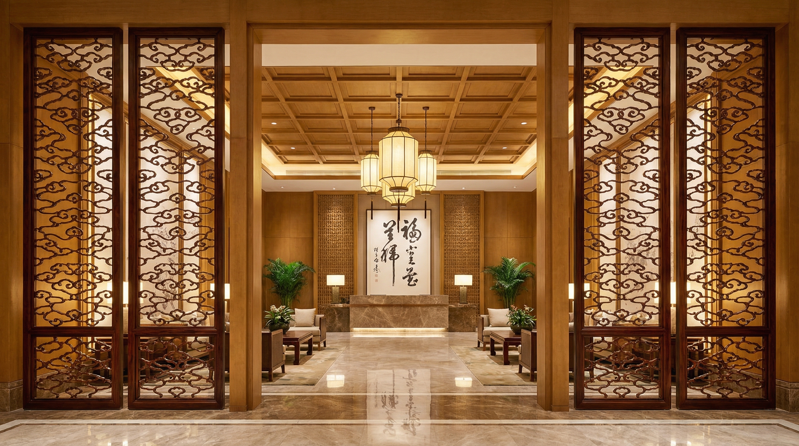 东营精品酒店大堂木雕装饰工程案例 - 场景图二