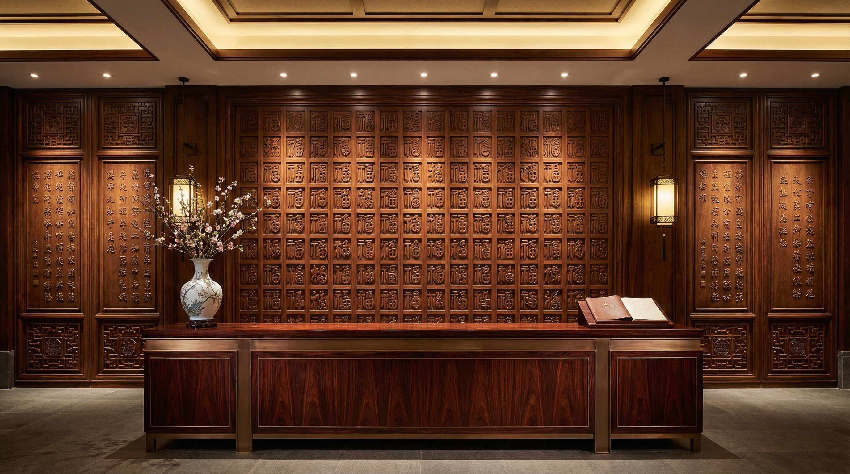东营精品酒店大堂木雕装饰工程案例 - 场景图三