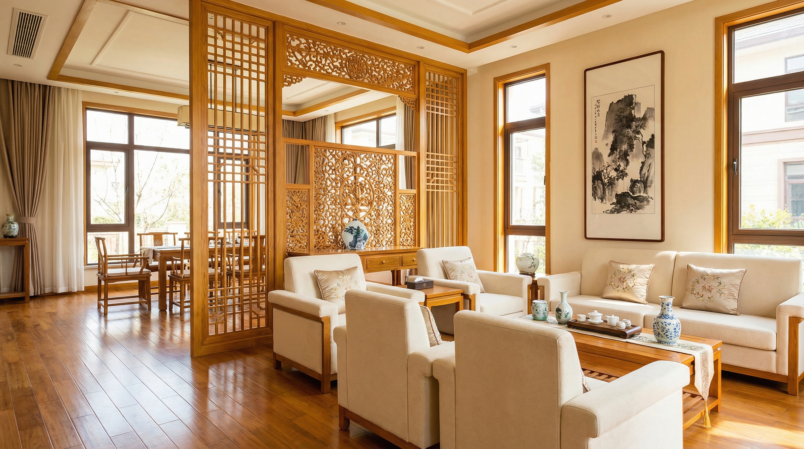 济南私宅新中式全屋木雕定制工程案例