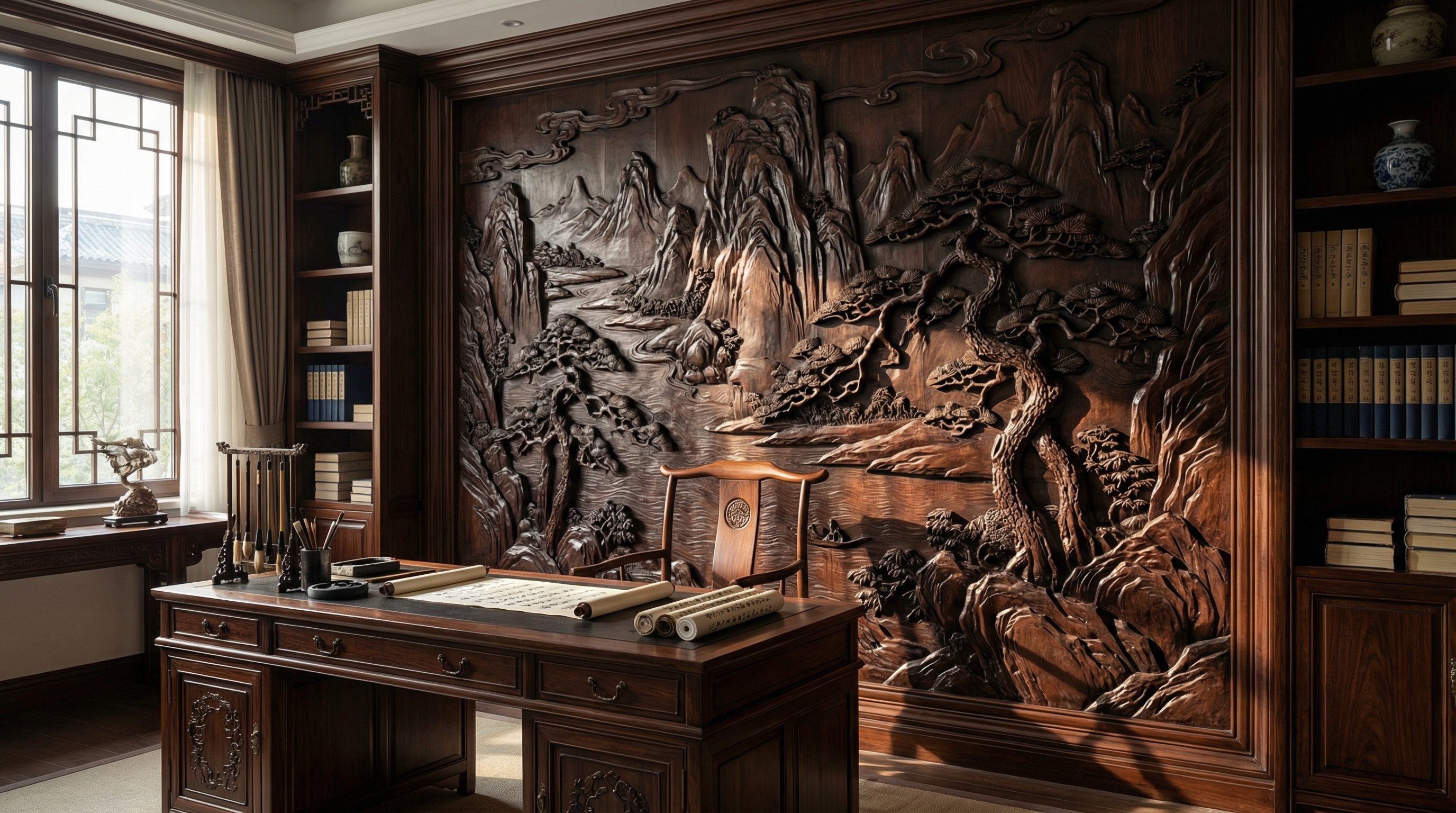 济南私宅新中式全屋木雕定制工程案例 - 场景图二