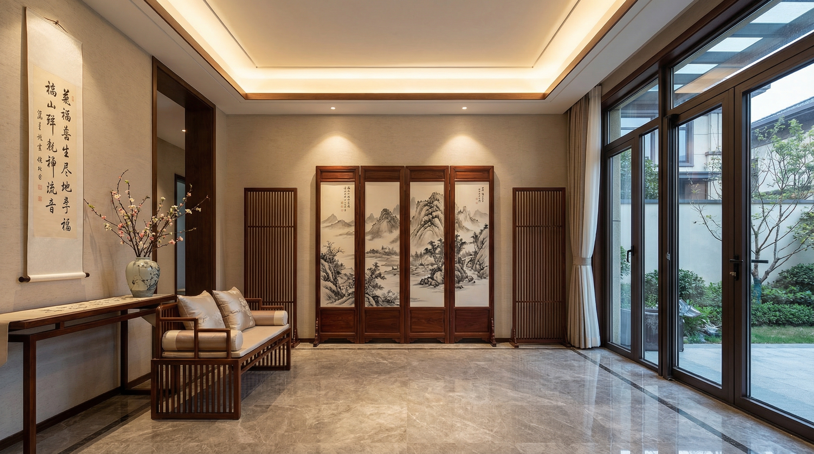 潍坊别墅玄关与客厅木雕工程案例