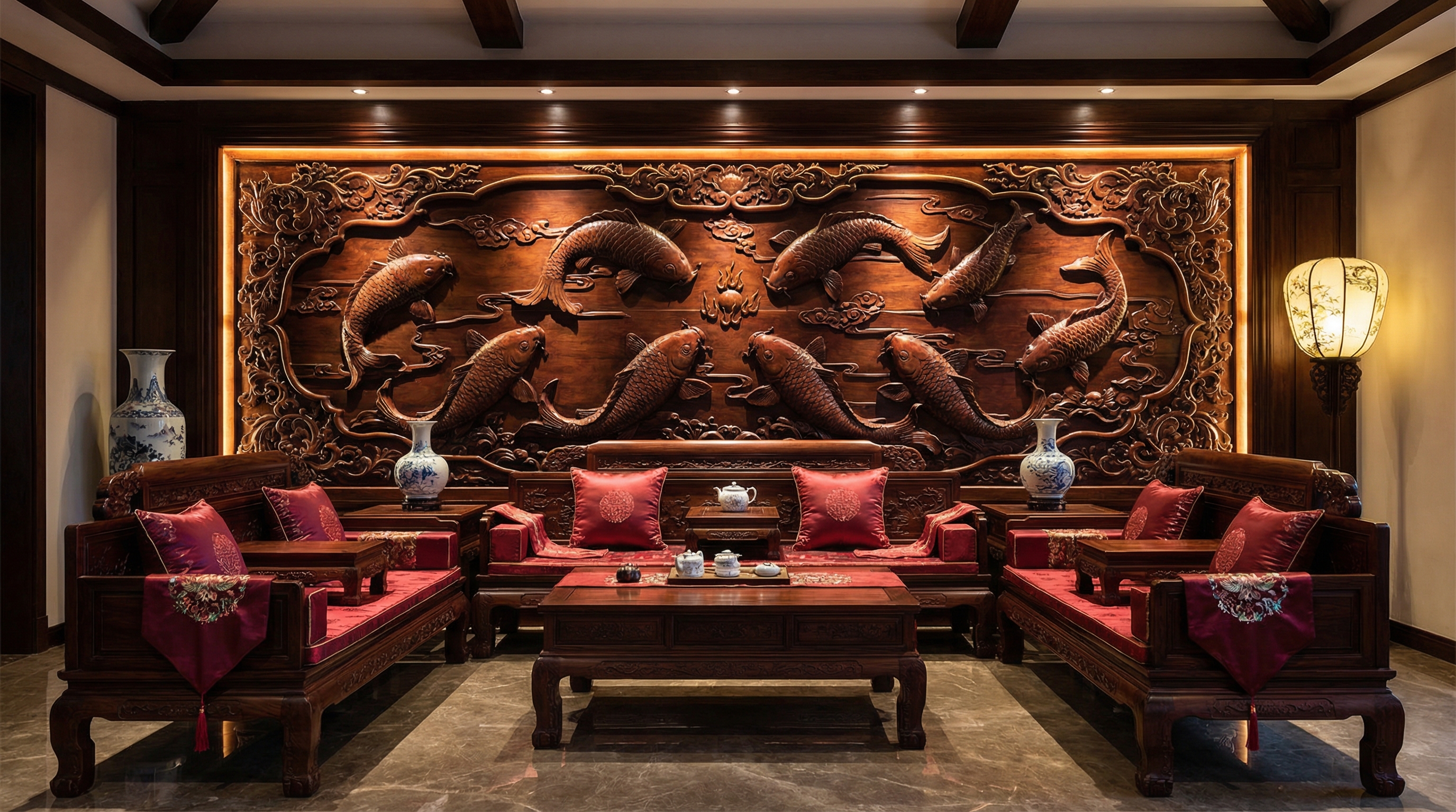 潍坊别墅玄关与客厅木雕工程案例 - 场景图二