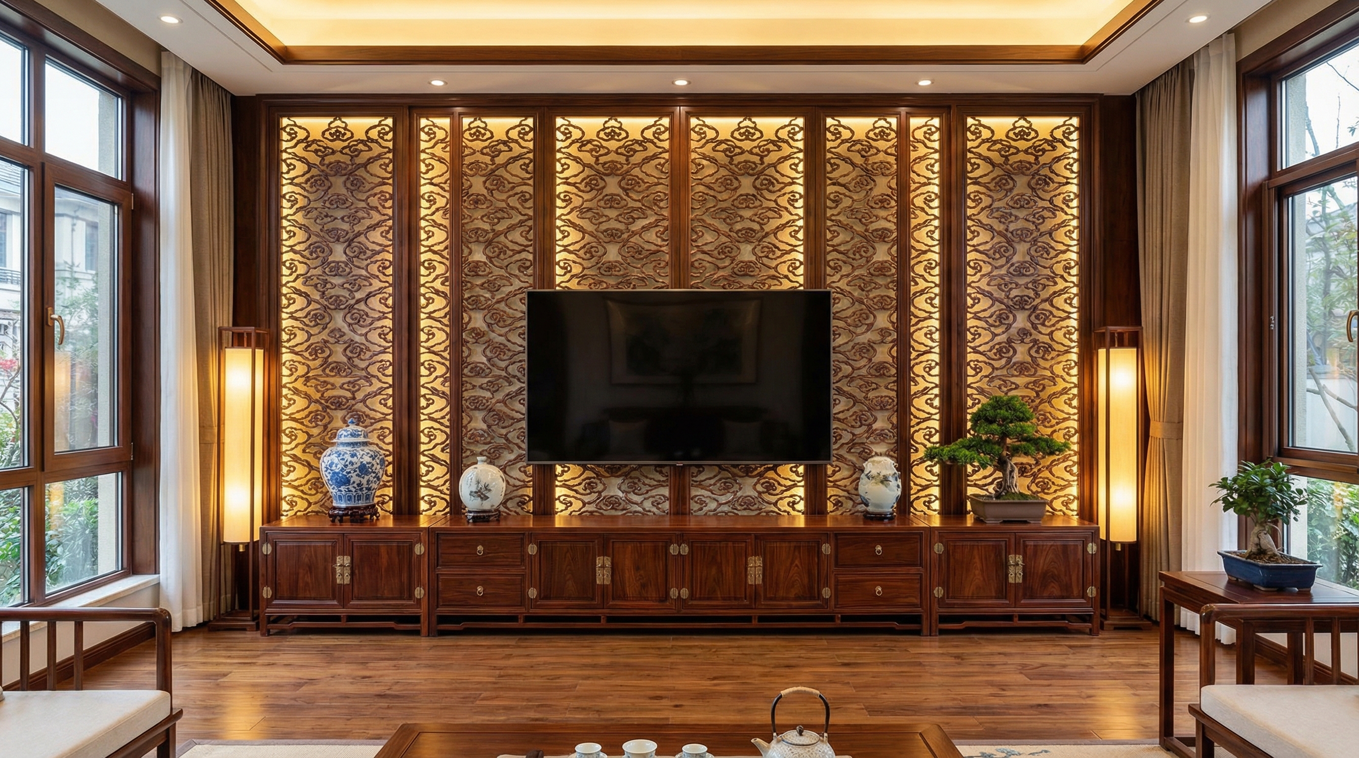 潍坊别墅玄关与客厅木雕工程案例 - 场景图三