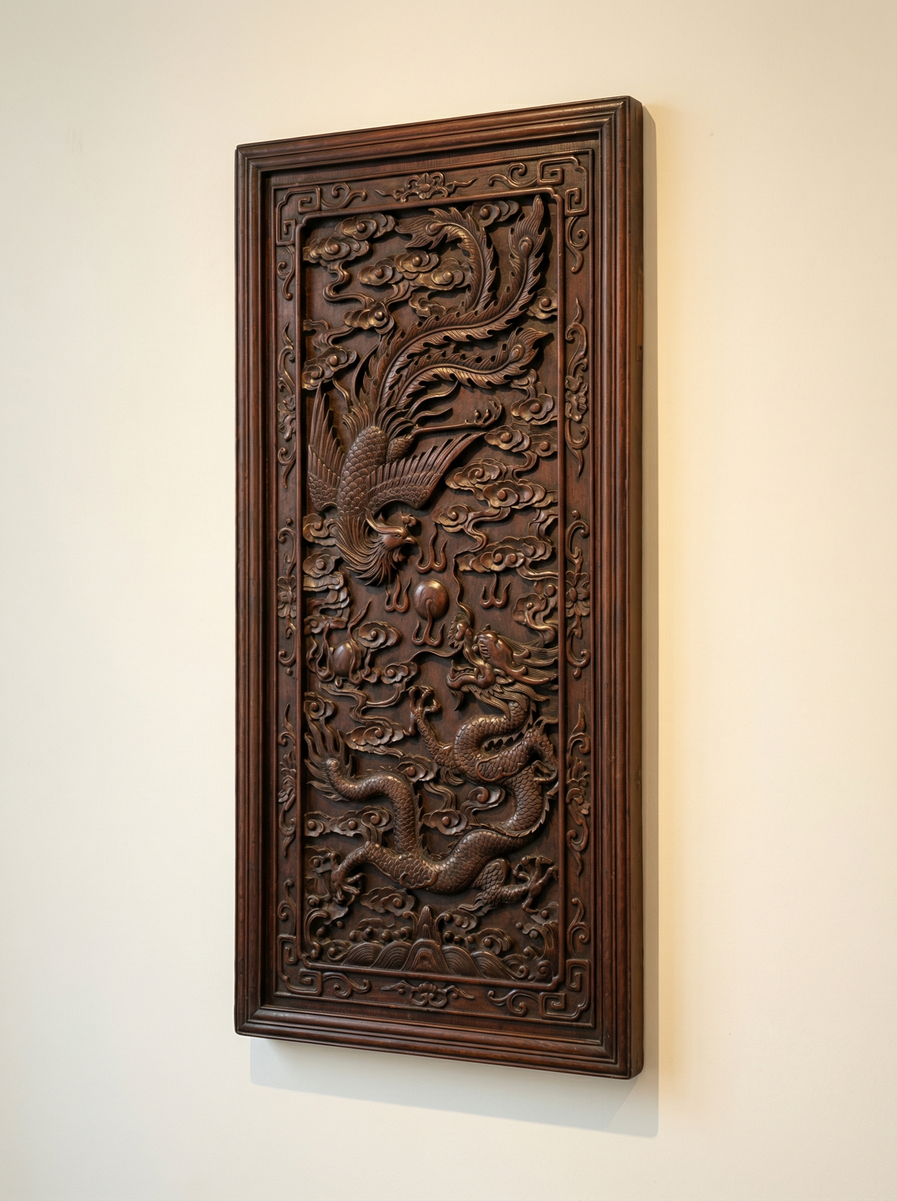 新中式大红酸枝松鹤延年中浮雕装饰壁板