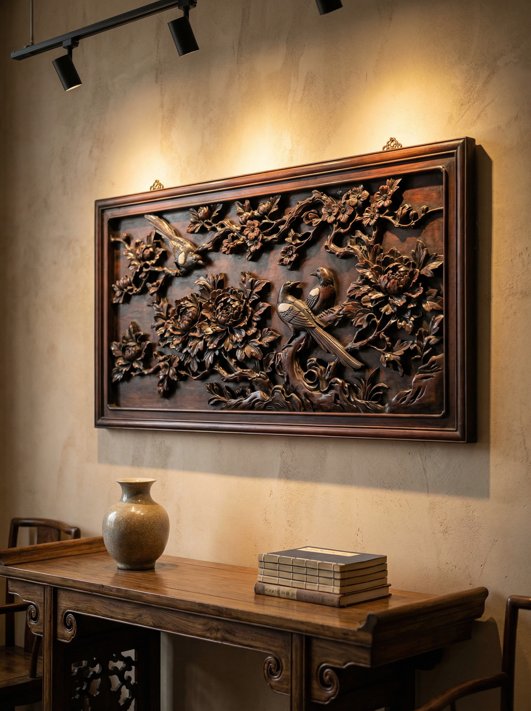 新中式非洲酸枝百福图浅浮雕屏心装饰板