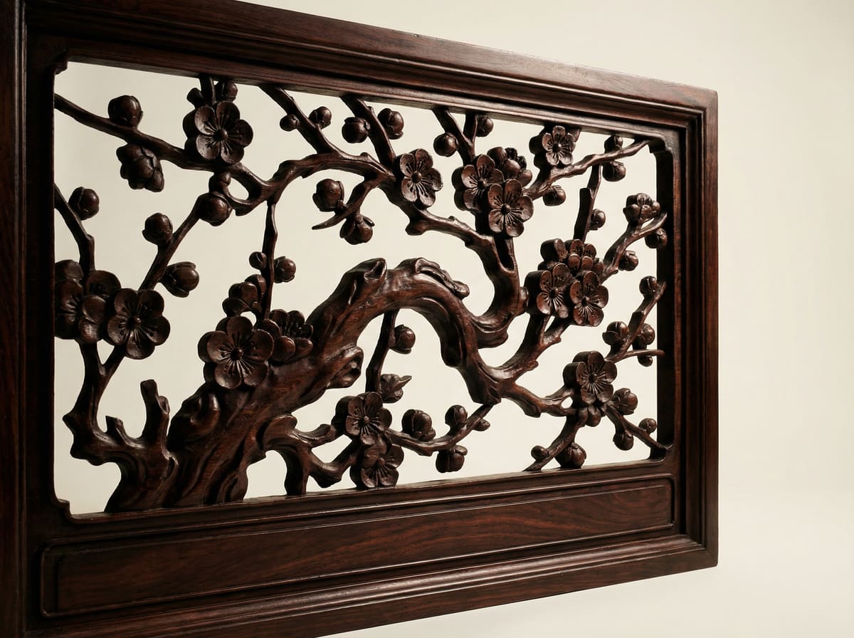 新中式非洲酸枝梅花暗香花格客厅背景墙装饰