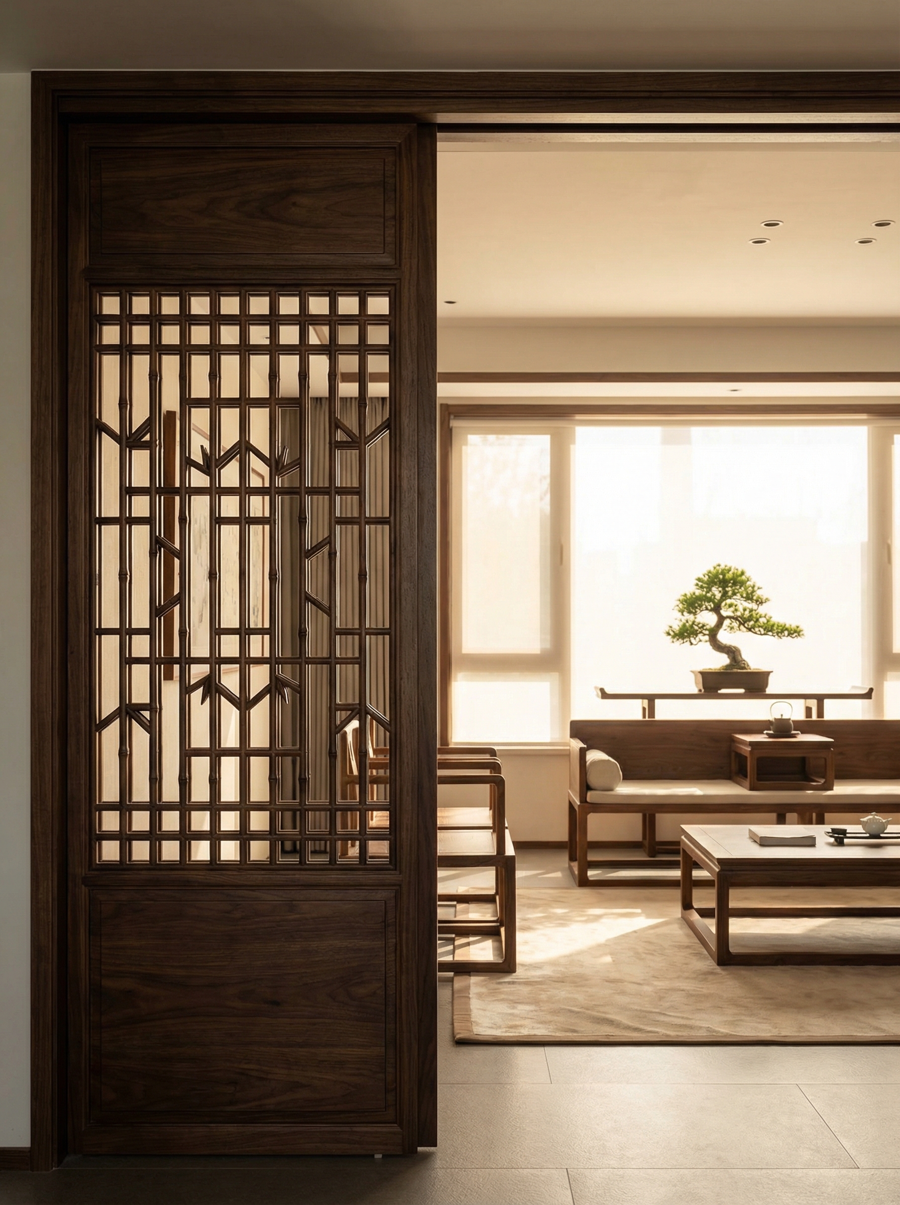 新中式黄花梨圆月洞门园林室内装饰