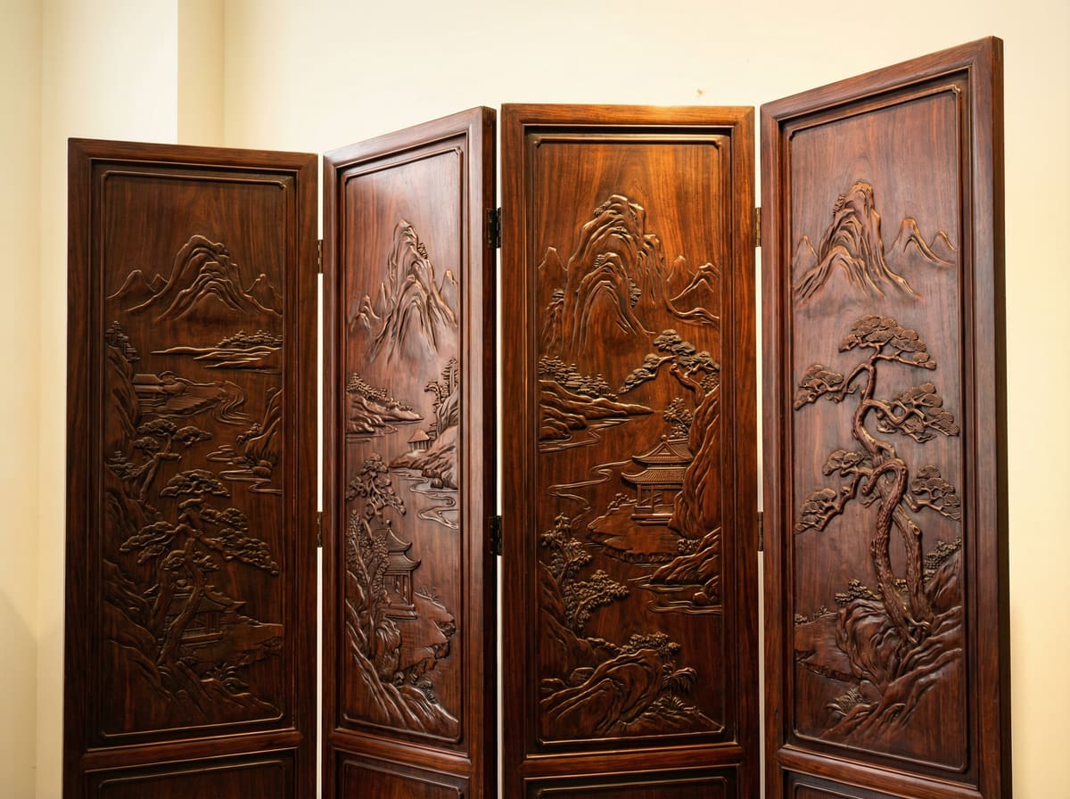 新中式大红酸枝山水意境四扇折叠屏风