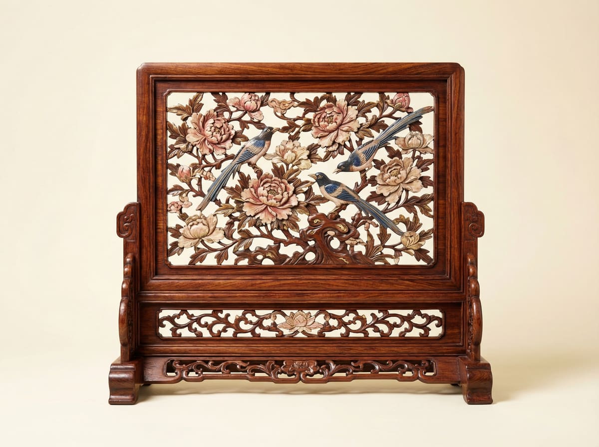 新中式缅甸花梨木花鸟争春座屏装饰