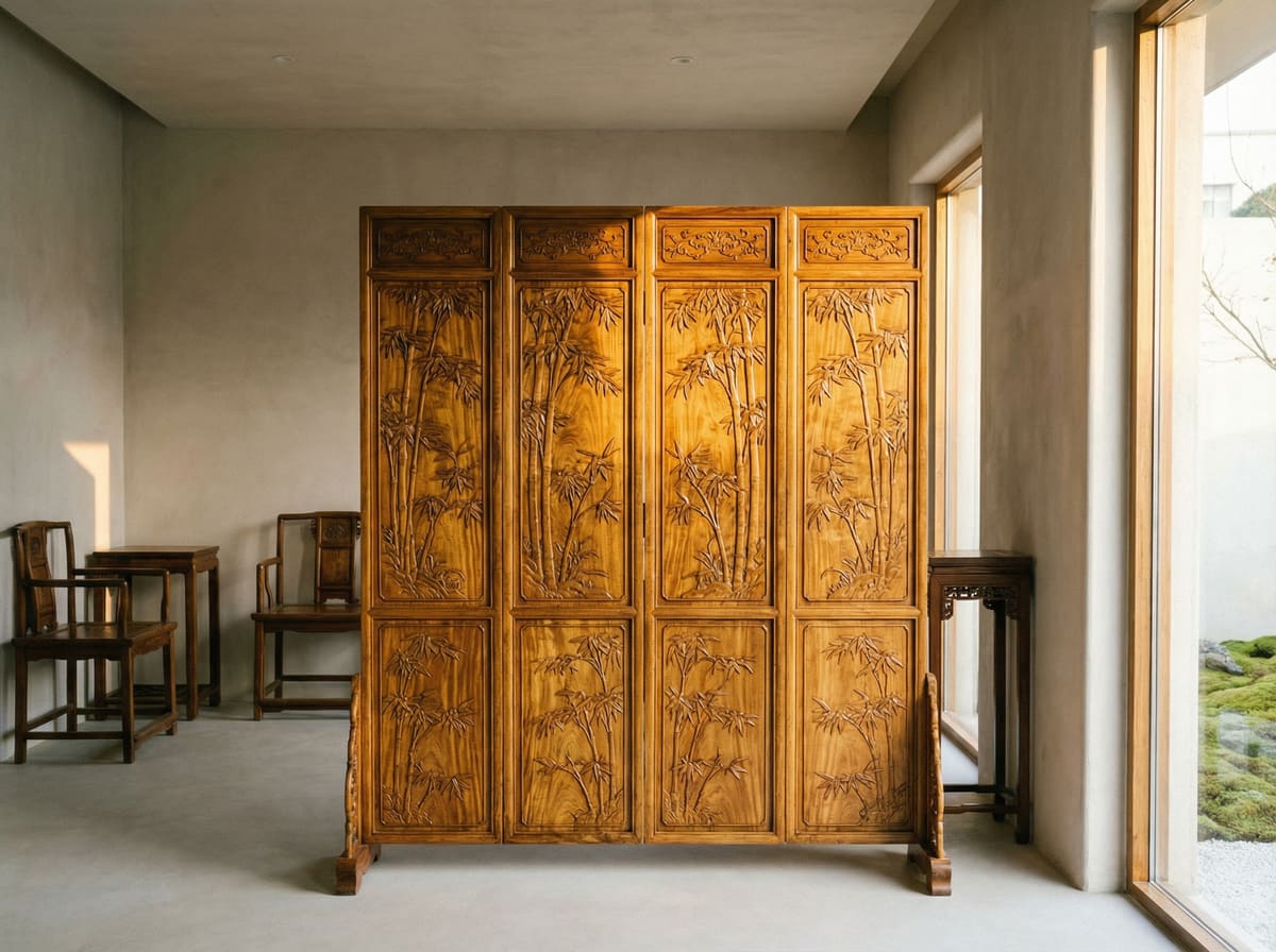 新中式黄花梨竹韵雅致落地屏风茶室装饰